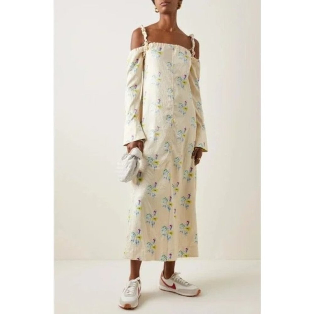 Ganni Yellow Satin Crinkle Floral Rutabaga Off Shoulder Dress NWT, Size 2 | 34